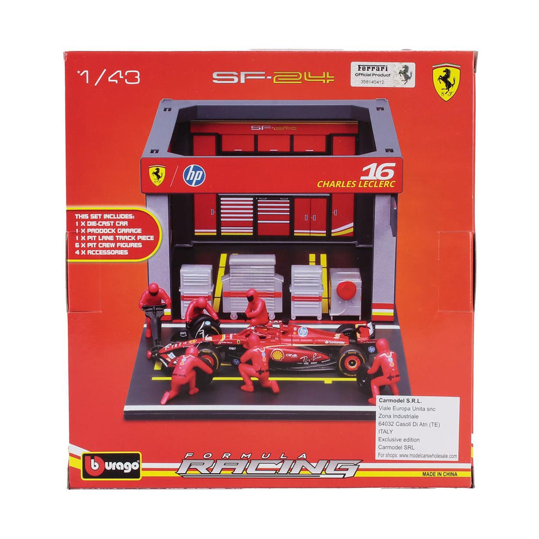 BURAGO FERRARI 1/43 F1 SF-24 DIORAMA GARAGE PIT-STOP TEAM SCUDERIA FERRARI N 55 SEASON 2024 CARLOS SAINZ WITH CREW FIGURE AND ACCESSORIES