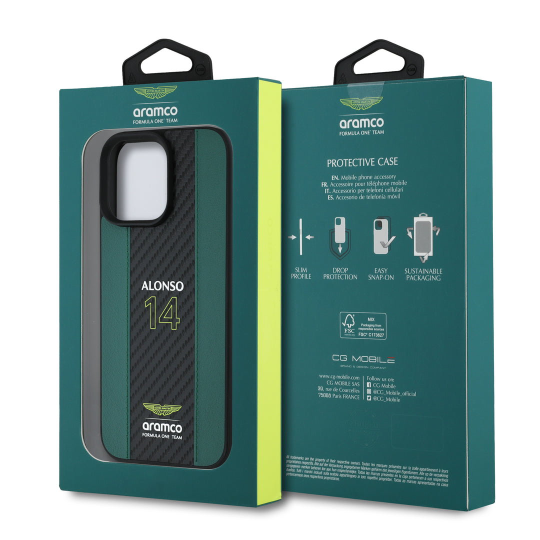 Alonso iPhone Case with Carbon Fiber Stripe - Aston Martin F1 - Fueler™ - ARHCP16LNCEAN-7021 - fueler.store - Accessories & Gifts