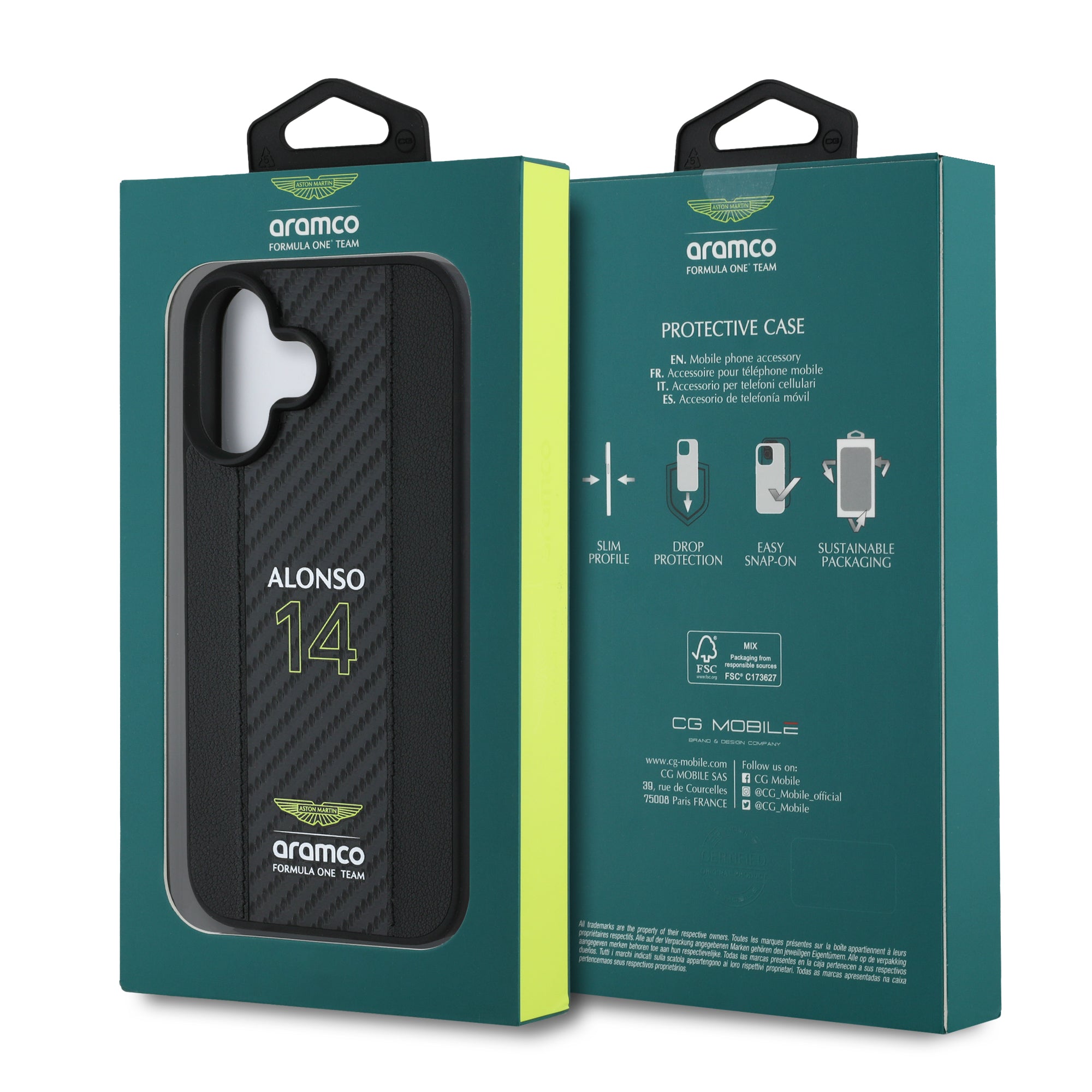 Alonso iPhone Case with Carbon Fiber Stripe - Aston Martin F1 - Fueler™ - ARHCP16SNCEAK-7182 - fueler.store - Accessories & Gifts