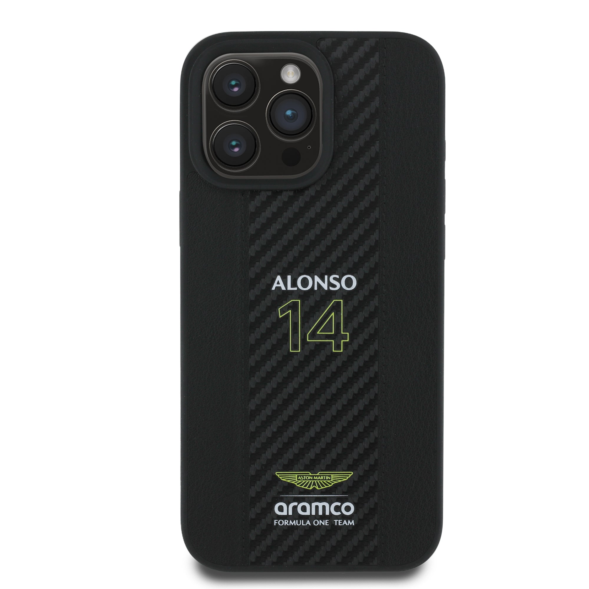 Alonso iPhone Case with Carbon Fiber Stripe - Aston Martin F1 - Fueler™ - ARHCP16SNCEAK-7182 - fueler.store - Accessories & Gifts