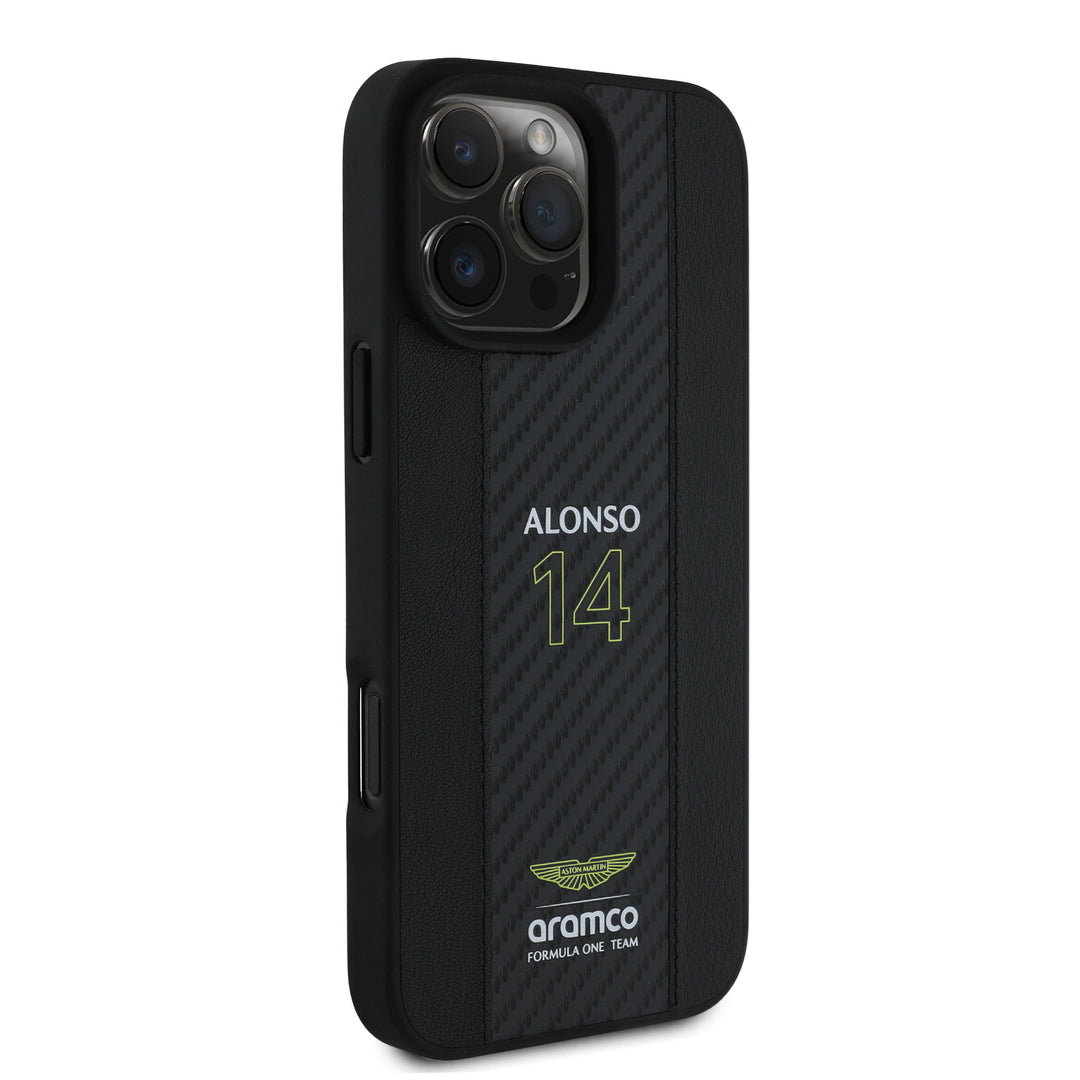 Alonso iPhone Case with Carbon Fiber Stripe - Aston Martin F1 - Fueler™ - ARHCP16SNCEAK-7182 - fueler.store - Accessories & Gifts
