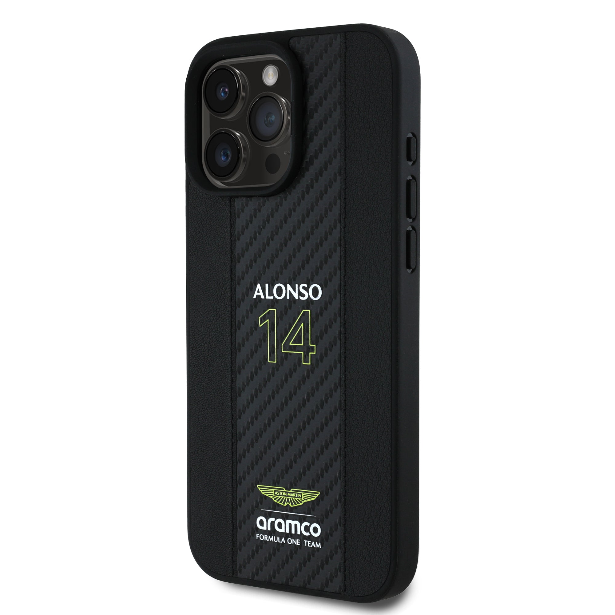 Alonso iPhone Case with Carbon Fiber Stripe - Aston Martin F1 - Fueler™ - ARHCP16SNCEAK-7182 - fueler.store - Accessories & Gifts