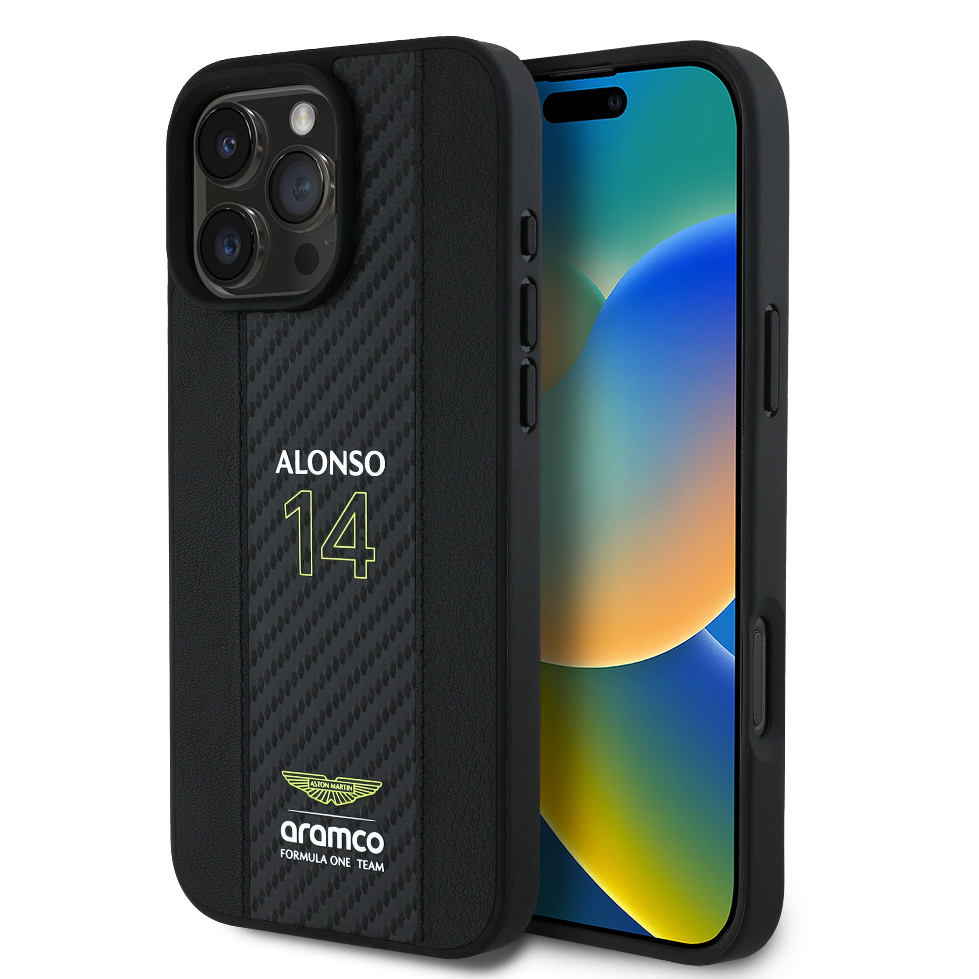 Alonso iPhone Case with Carbon Fiber Stripe - Aston Martin F1 - Fueler™ - ARHCP16SNCEAK-7182 - fueler.store - Accessories & Gifts