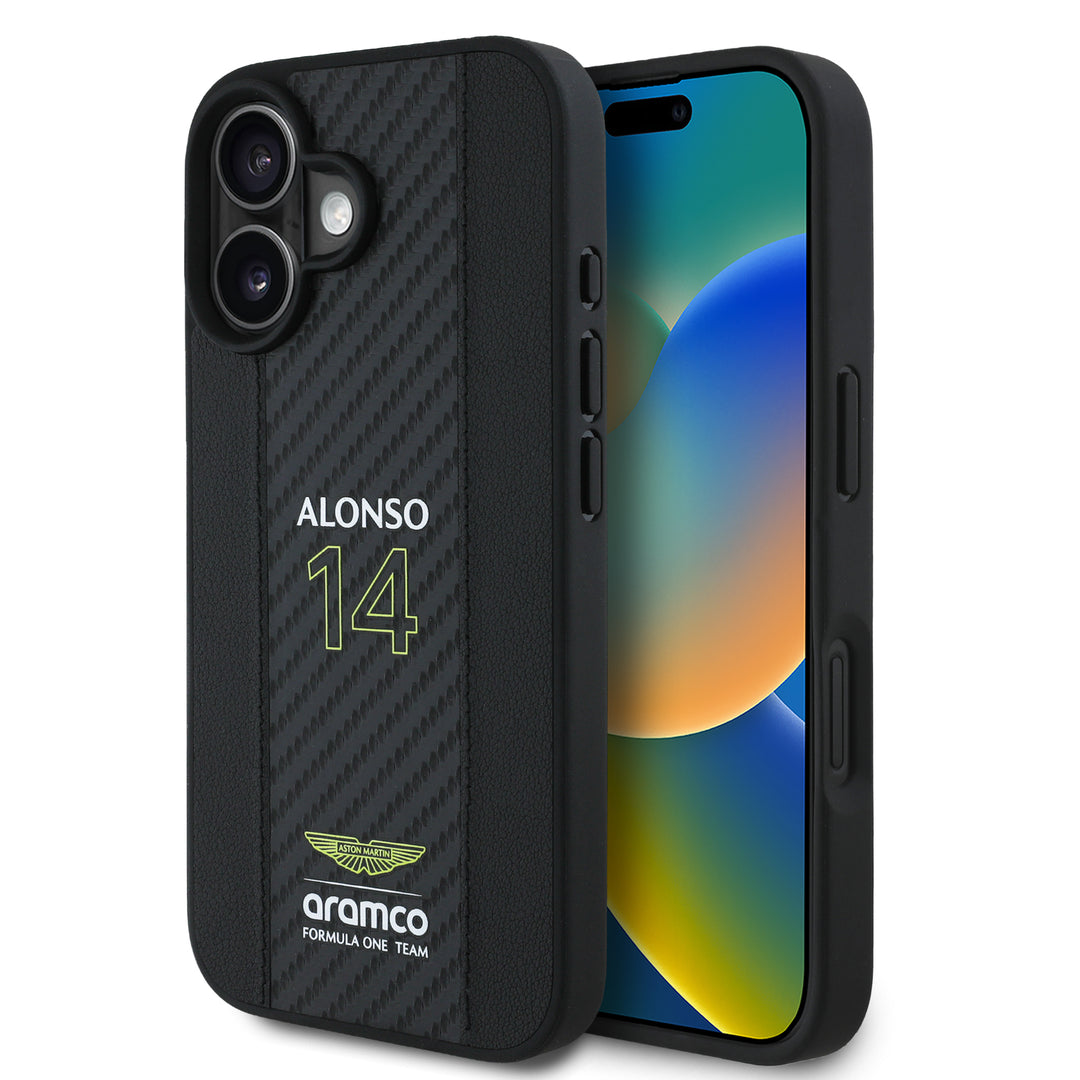 Alonso iPhone Case with Carbon Fiber Stripe - Aston Martin F1 - Fueler™ - ARHCP16SNCEAK-7182 - fueler.store - Accessories & Gifts