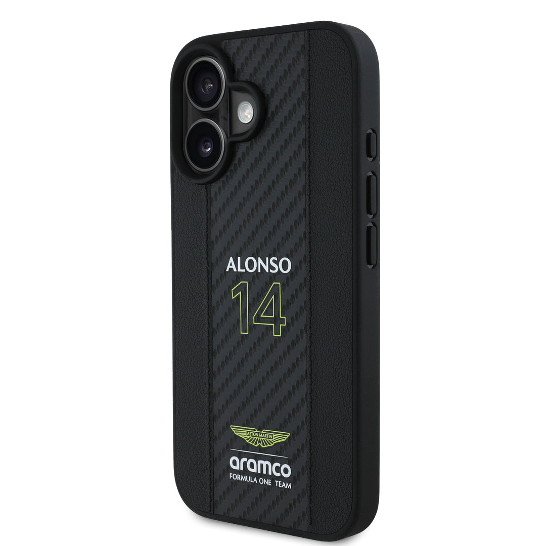 Alonso iPhone Case with Carbon Fiber Stripe - Aston Martin F1 - Fueler™ - ARHCP16SNCEAK-7182 - fueler.store - Accessories & Gifts