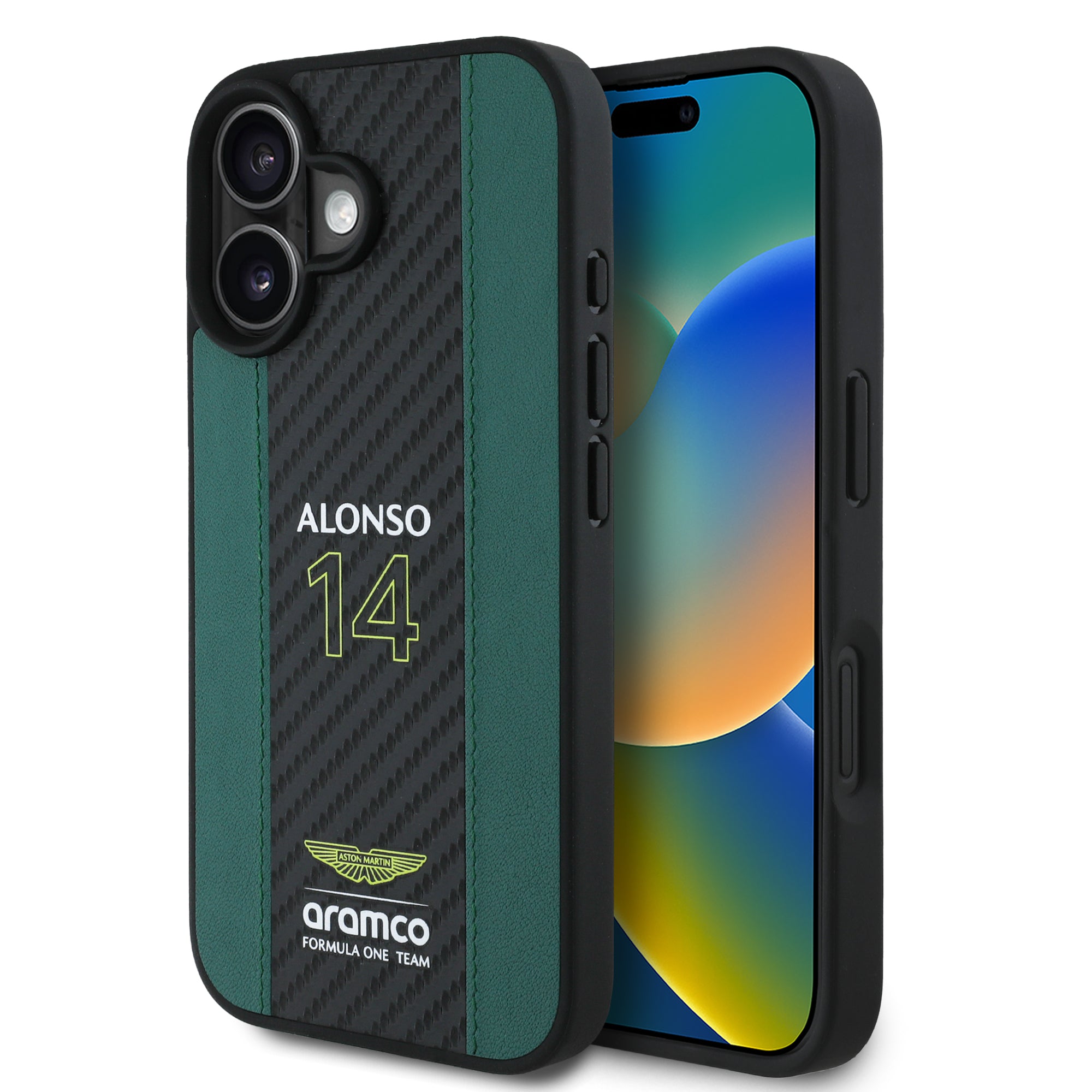 Alonso iPhone Case with Carbon Fiber Stripe - Aston Martin F1 - Fueler™ - ARHCP16SNCEAN-7007 - fueler.store - Accessories & Gifts