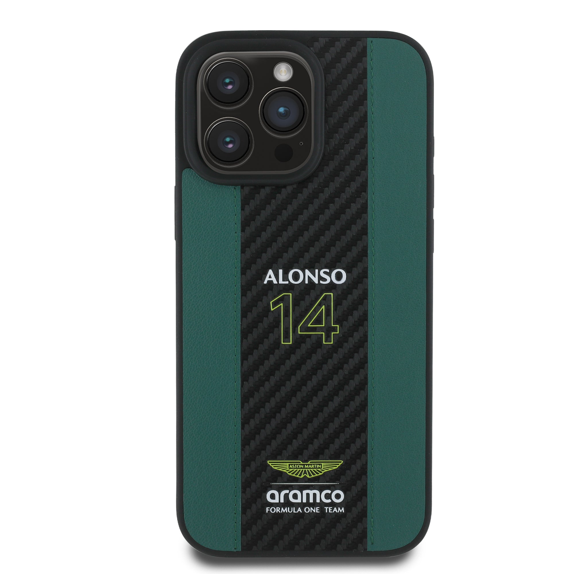 Alonso iPhone Case with Carbon Fiber Stripe - Aston Martin F1 - Fueler™ - ARHCP16SNCEAN-7007 - fueler.store - Accessories & Gifts