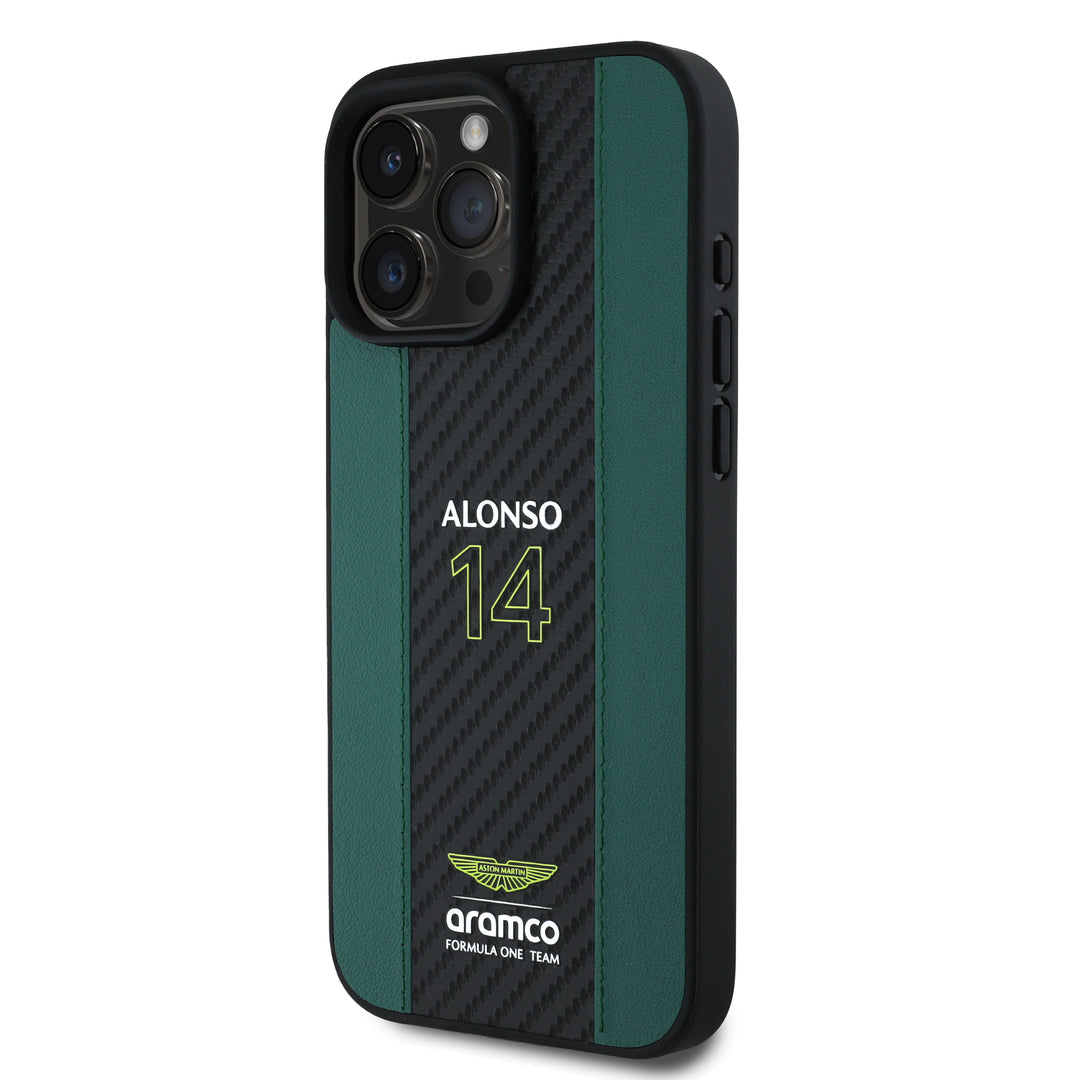 Alonso iPhone Case with Carbon Fiber Stripe - Aston Martin F1 - Fueler™ - ARHCP16SNCEAN-7007 - fueler.store - Accessories & Gifts