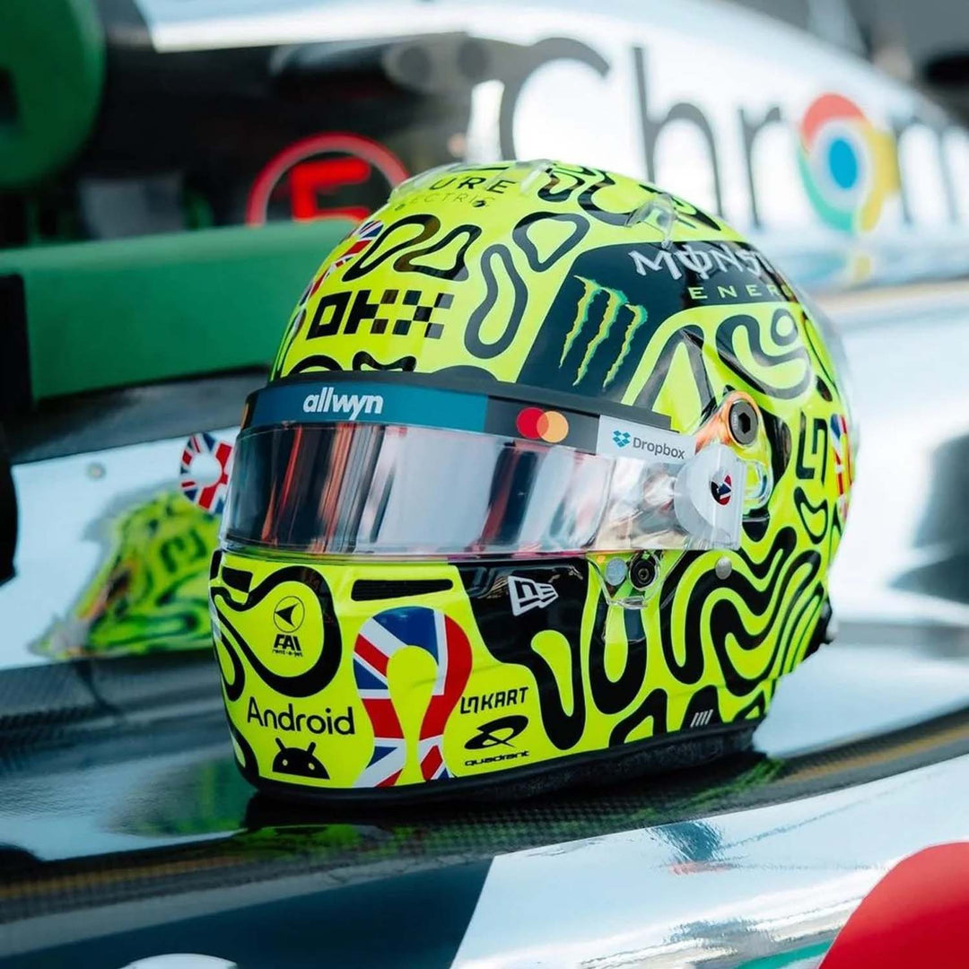 british racing green motorcycle helmet McLaren F1 #4 Norris British GP 2025 Winner 1:5 Mini Helmet