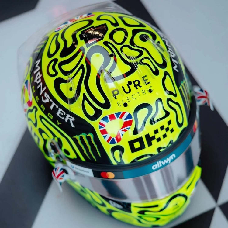 british racing green motorcycle helmet McLaren F1 #4 Norris British GP 2025 Winner 1:5 Mini Helmet